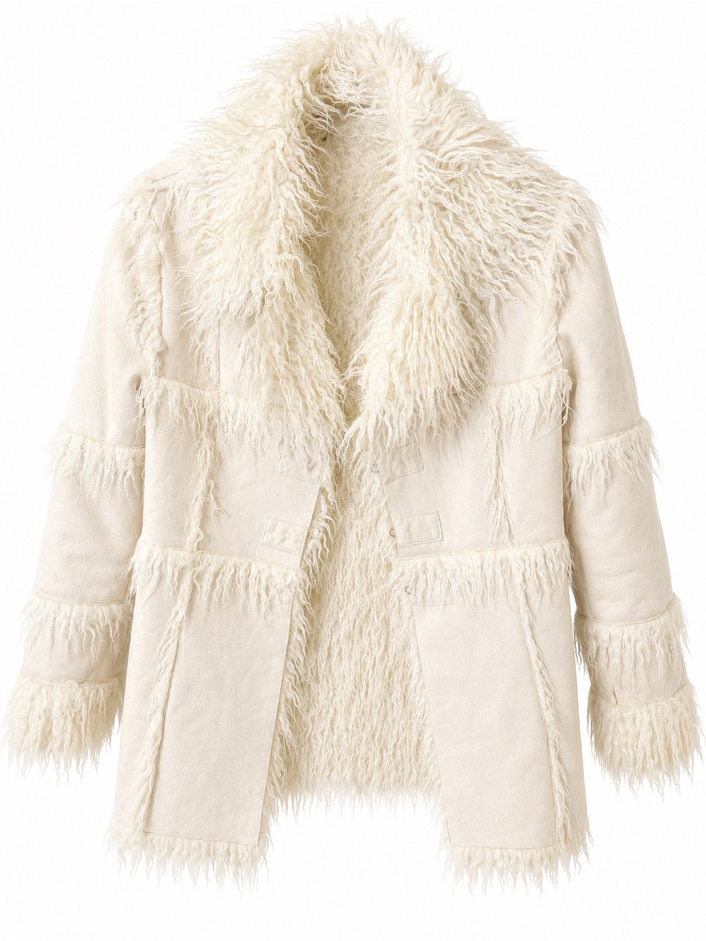 bebe Cream Faux Shearling Teddy Jacket with Fringe Collar